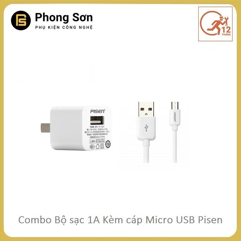 Combo cóc sạc 1A và Cáp MicroUSB (Trắng ) Pisen - Hàng chính hãng