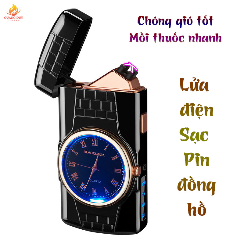 Bật lửa đồng hồ cao cấp tạo 4 tia plasma chống gió sạc pin độc lạ