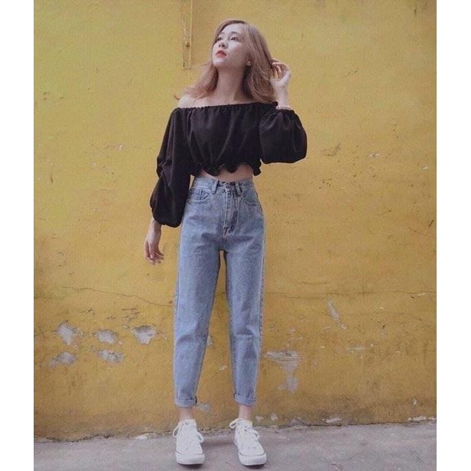 Quần jeans baggy nữ lưng cao hoạ tiết trơn vải bò dày dặn