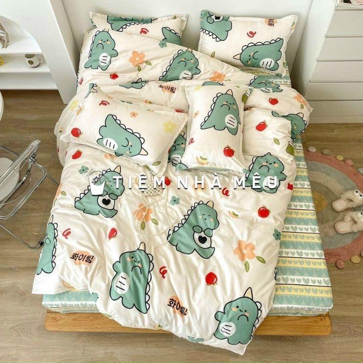Bộ Chăn Ga Gối Cotton 80% m6/m8/2m-Tiệm Nhà Mêu 2 Vỏ gối ,drap , vỏ chăn Cotton Dino Xanh Cao Cấp Nhập Kh