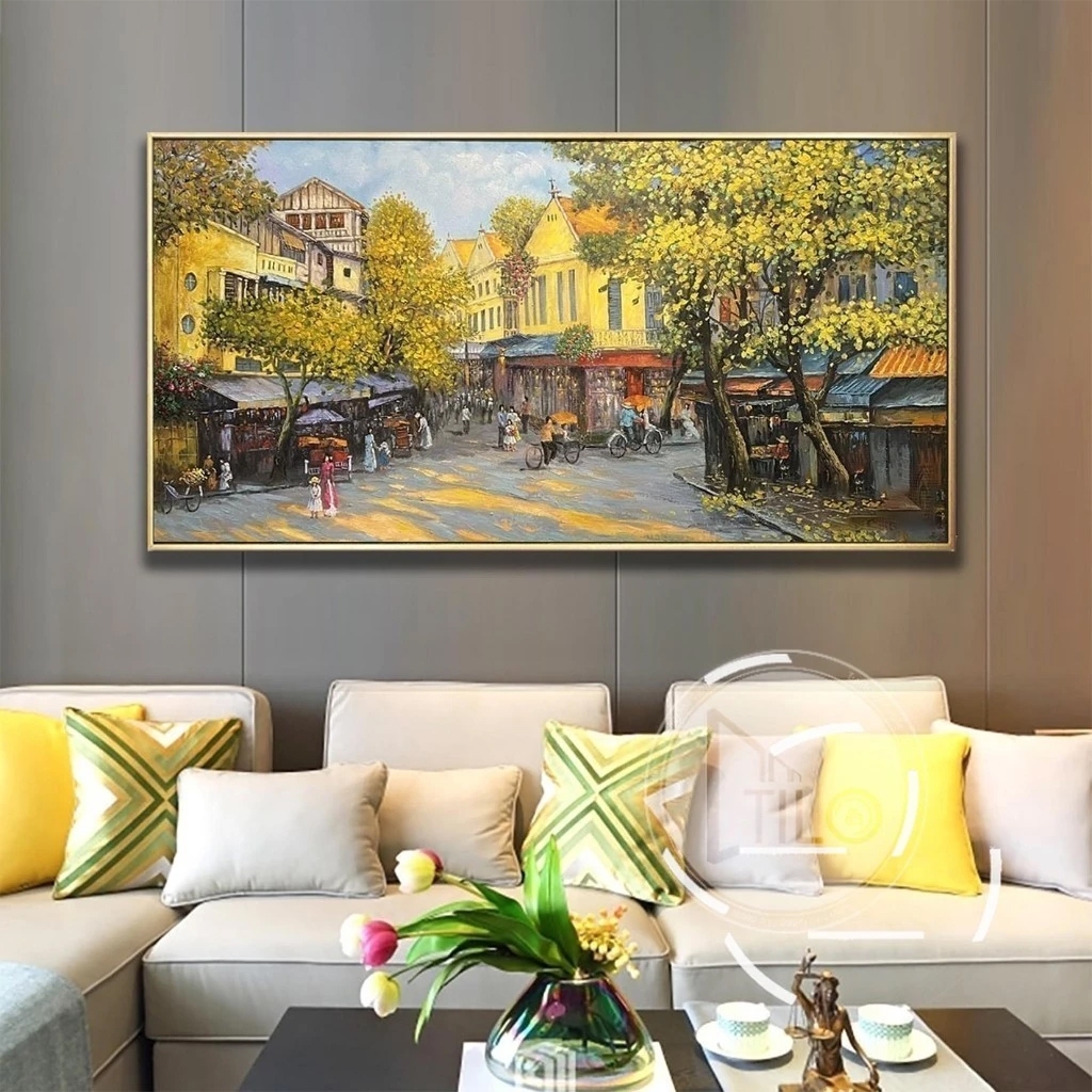 Tranh treo tường phố cổ hà nội tranh phong cảnh trang trí phòng khách quán kèm đinh