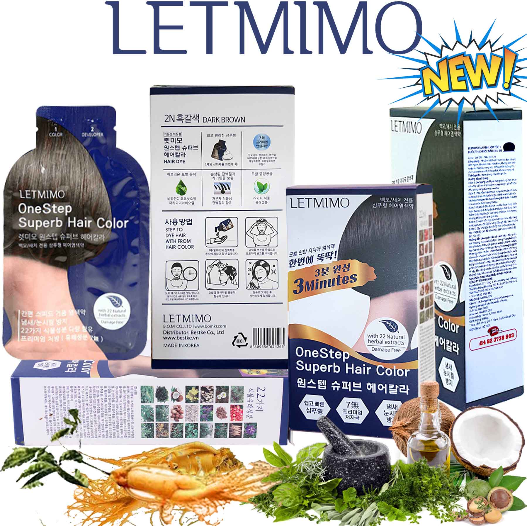 LETMIMO Thuốc Nhuộm tóc , Phủ Bạc Dưỡng tóc Thảo Mộc, 2N Màu Nâu Đen, Hộp 5 Gói, Mỗi gói 24g