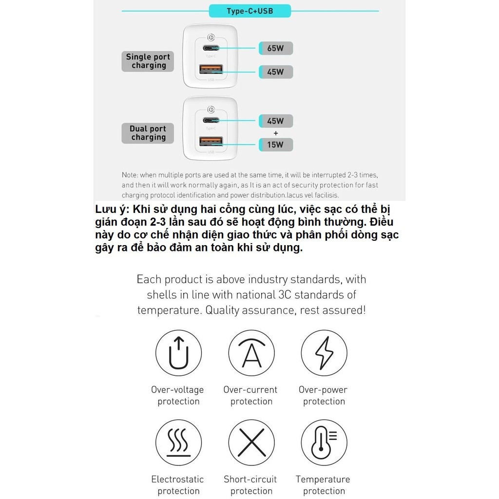 [ type_C + Usb ] Cốc sạc nhanh 65W 2cổng U+C Baseus GaN 2 Lite CCGAN65US _ Hàng chính hãng
