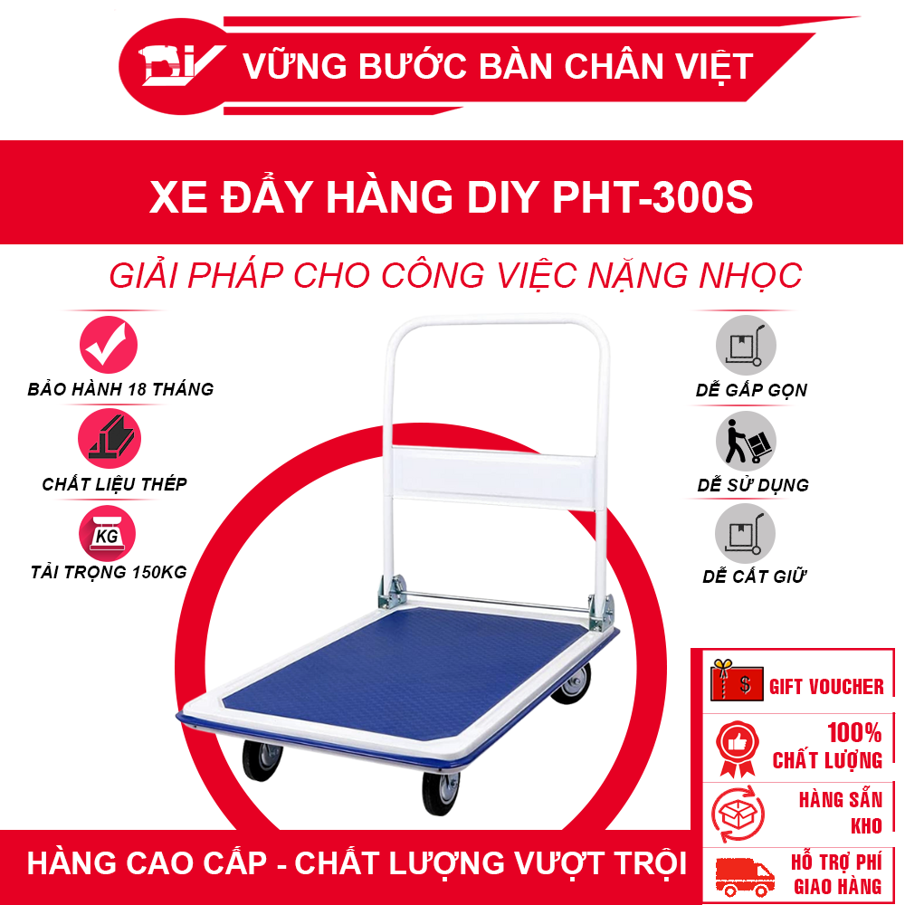 Xe đẩy hàng 4 bánh sàn thép DIY PHT-300S tải trọng tối đa 250kg