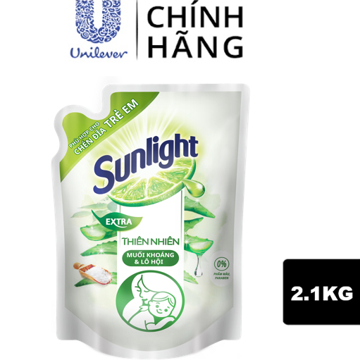 Nước rửa chén Sunlight Thiên Nhiên an toàn cho chén đĩa trẻ em với chiết xuất Lô Hội và Muối khoáng túi 2.1kg