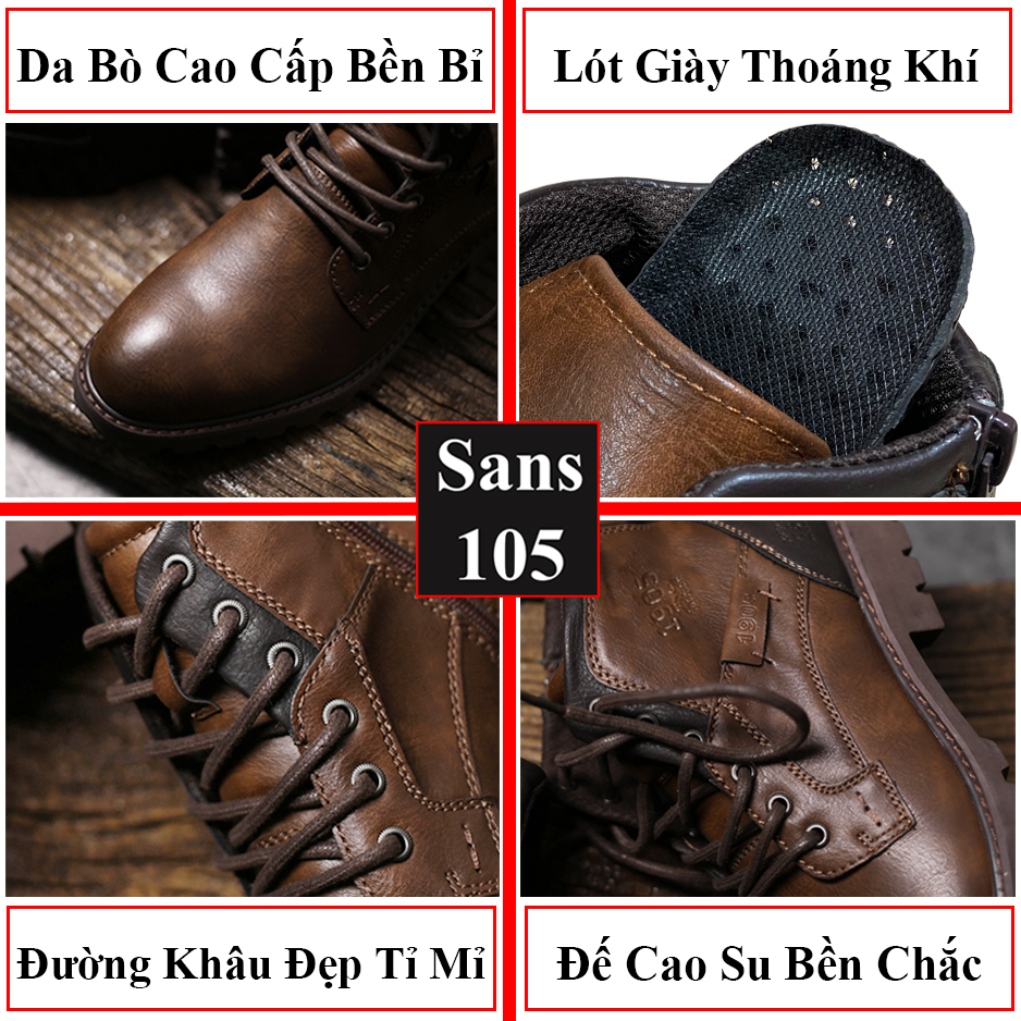 Giày boot nam martin boots Sans105 da bò thật big size 48 47 46 45 44 43 giầy cổ cao đen nâu đẹp bốt độn đế 6cm