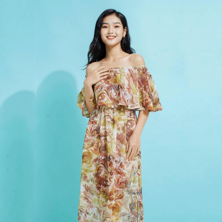 Váy nữ maxi họa tiết hoa, trễ vai, chất voal nhẹ, hàng thiết kế cao cấp TK FASHION - DK496