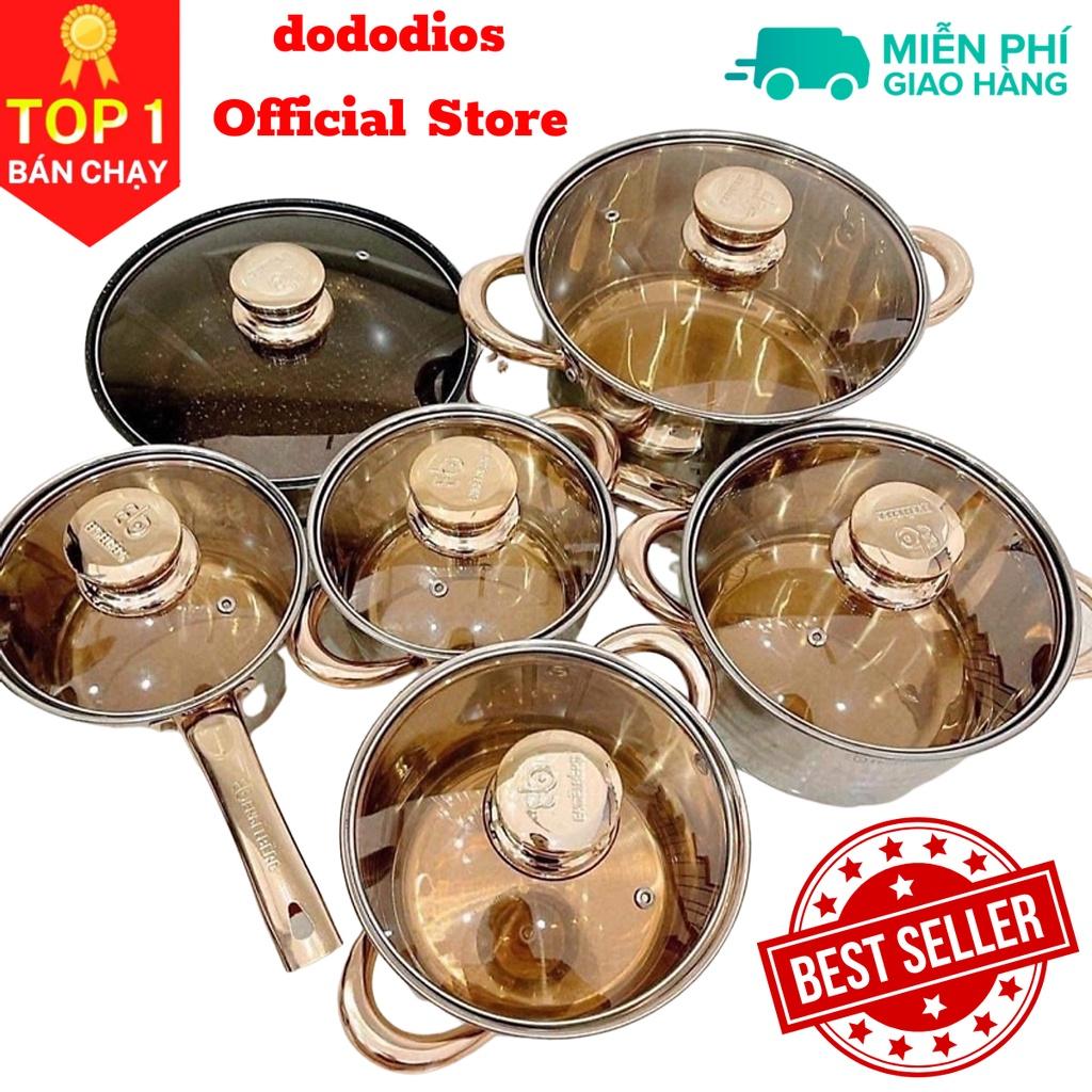 Bộ nồi Đức dododios 6 món 12 chi tiết dùng cho mọi loại bếp, bộ nồi inox dày dặn tráng men vàng kèm nắp kính