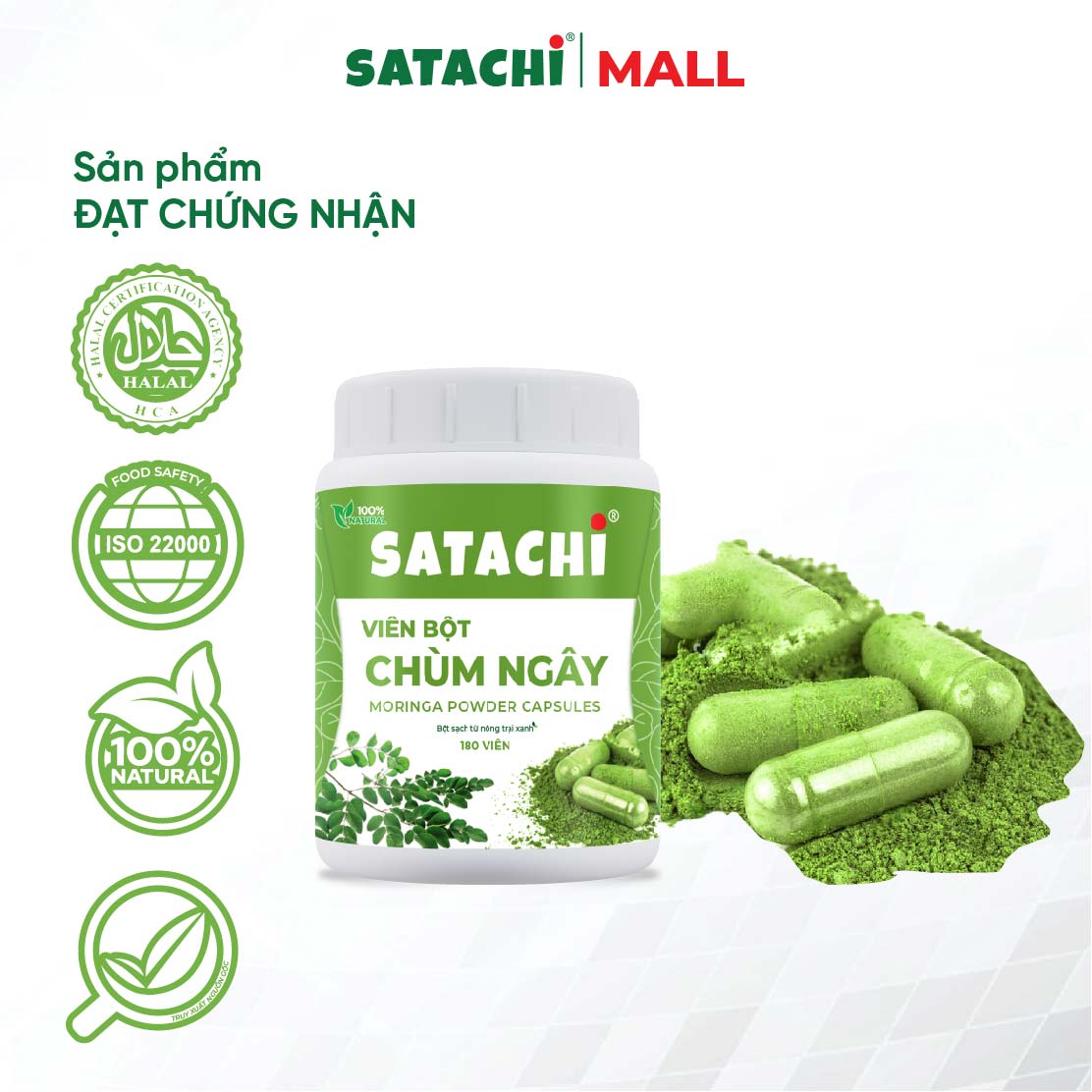 Viên Bột Chùm Ngây Nguyên Chất SATACHI – 100% Lá Chùm Ngây – Dạng Viên Tiện Lợi – Hộp 180 viên
