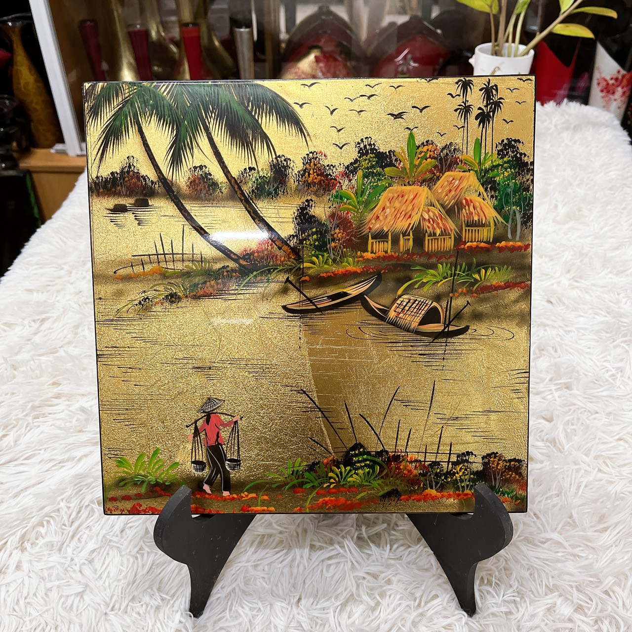 Tranh sơn mài đồng quê vẽ vàng, hàng xuất khẩu 30x30 cm