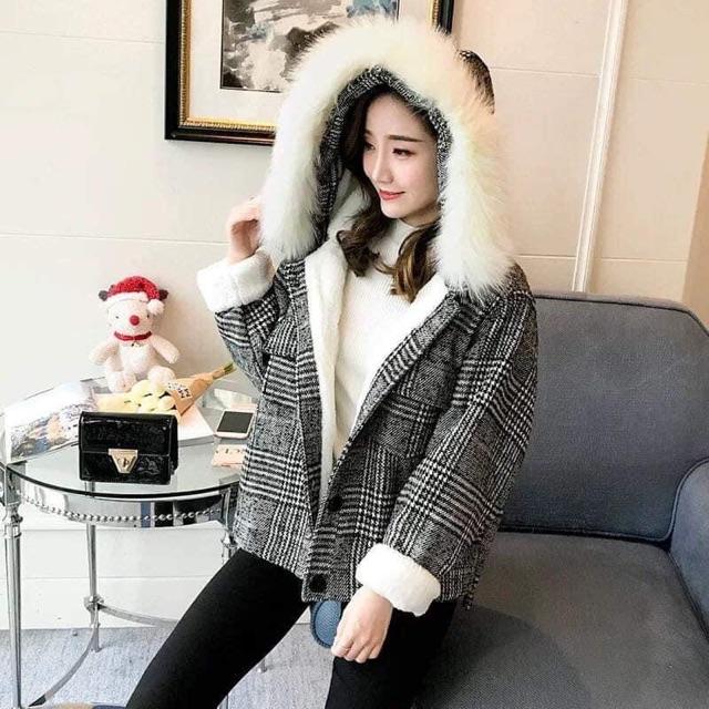 Áo Khoác Dạ Kẻ Lót Lông Siêu Dày Mịnfreeship