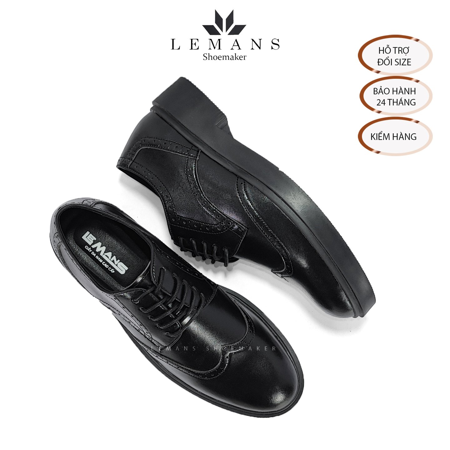 Giày da bò Derby Wingtip LEMANS Black, đế tăng cao lemans 4cm, hoạt tiết cánh bướm, Bảo Hành 12-24 Tháng