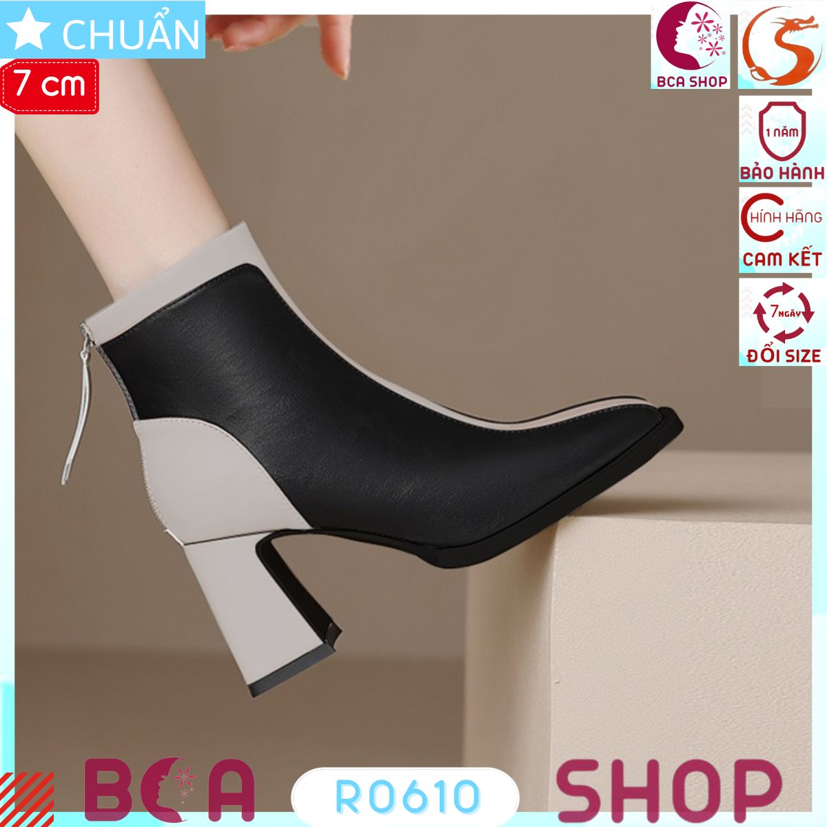 Bốt nữ cổ ngắn cao gót 7 phân RO610 ROSATA tại BCASHOP phối màu độc đáo giữa đen và xám khói sang trọng và thời trang