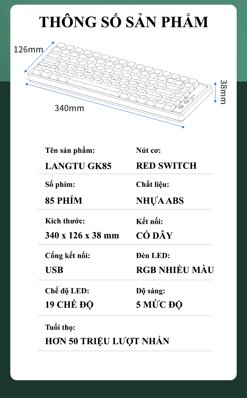 Bàn phím cơ red switch (Golden) LANGTU GK85 với nhiều chế độ đèn led cực đẹp và có hotswap có thể thay switch theo sở thích - Hàng Chính Hãng