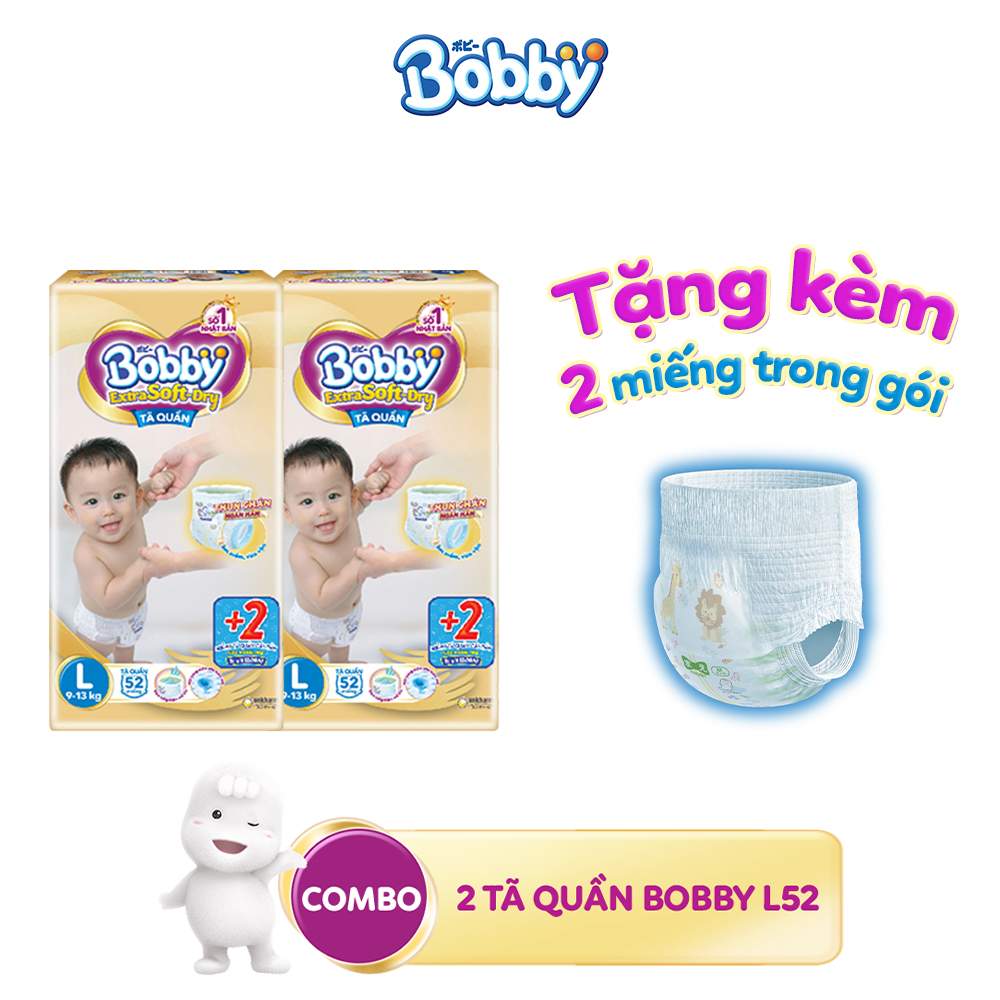 [Tặng kèm 2 miếng trong gói] Combo 2 Tã quần Bobby Extra Soft Dry L52 dành cho bé 9 - 13kg