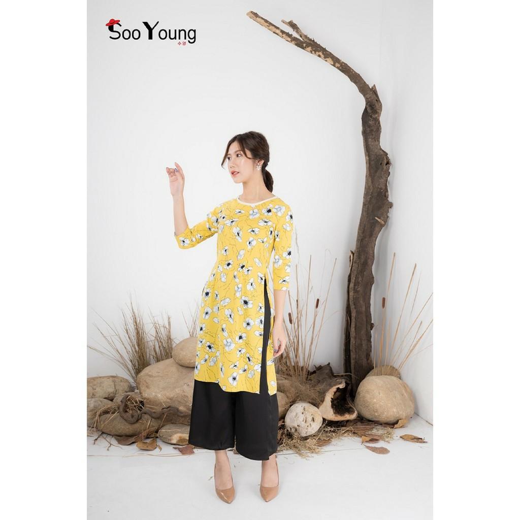 Áo dài cách tân họa tiết lụa hoa cổ ngọc trai tay lỡ-Sooyoung