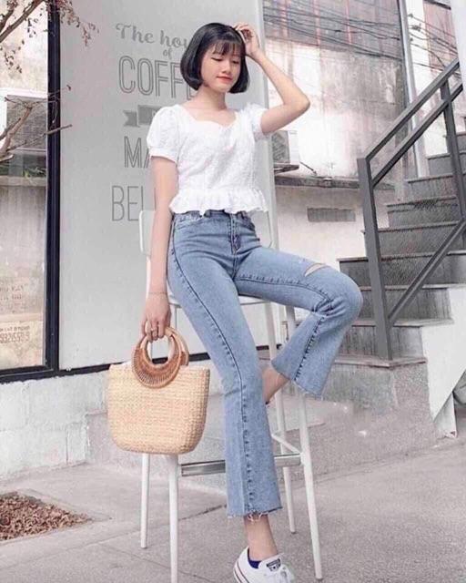 Quần jeans loe lửng cạp cao giãn mềm