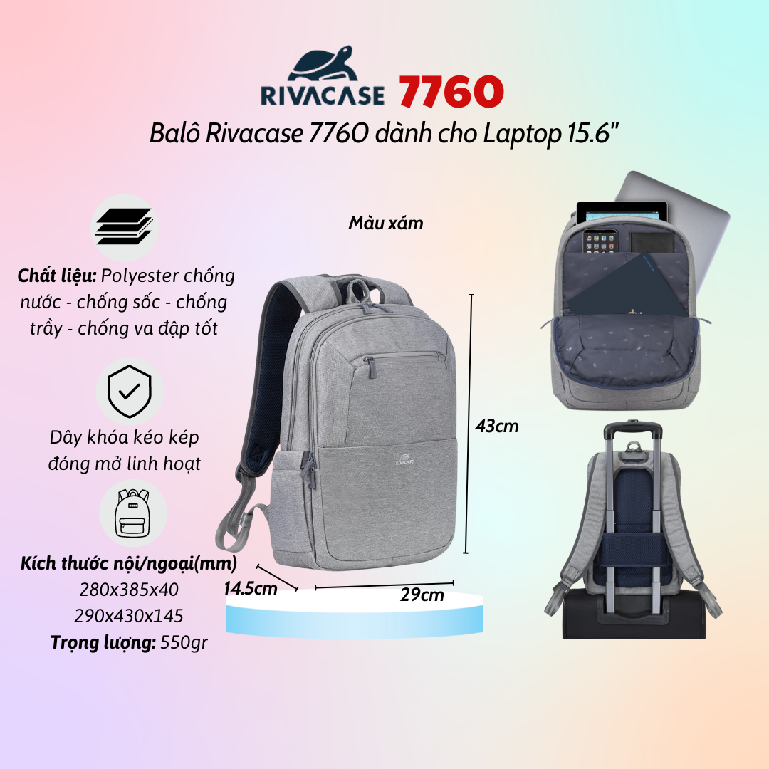 Balô Rivacase 7760 Để Vừa Laptop 15.6" - Bảo Hành 24 Tháng - Hàng Chính Hãng
