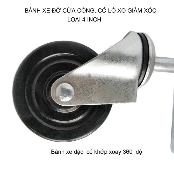 01 Bánh xe đỡ cánh cổng xoay bằng thép mạ chống gỉ, bánh xe cao su, có lò xo giảm xóc