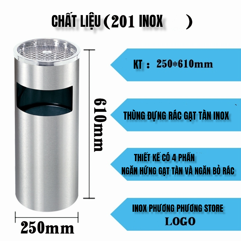 ( Hàng Cao Cấp ) Thùng rác inox tròn A 35, thùng rác inox gạt tàn tròn Dành cho khách sạn nhà hàng quán ăn và gia đình ( Tặng sọt tròn mây )