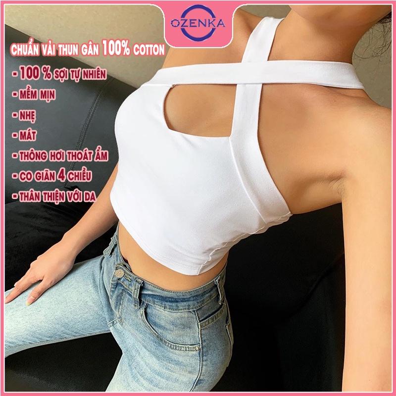 Áo 2 dây chéo croptop nữ, áo sát nách nữ thun gân 100% cotton ôm body gợi cảm màu đen trắng freesize dưới 50 kg