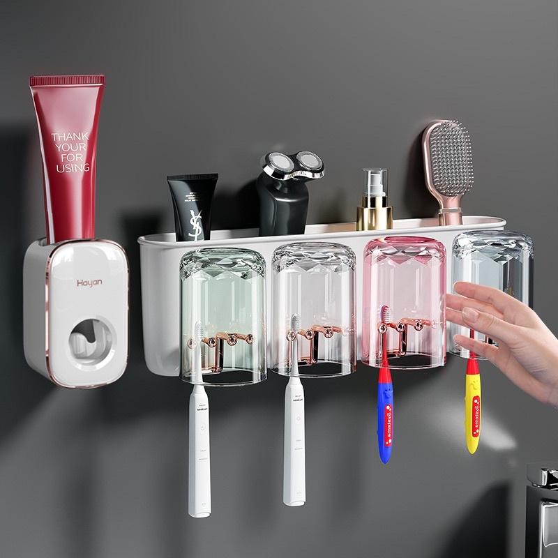 Kệ dán tường treo bàn chải, để sữa rửa mặt, kèm cốc súc miệng, bộ nhả kem tự động, kê để đồ phòng tắm