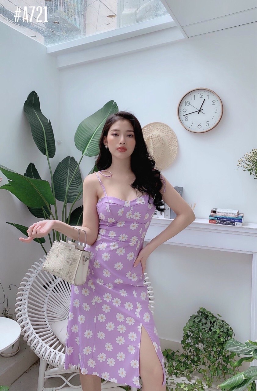 Đầm cúc hoạ mi 2 dây xẻ tà siêu nữ tính