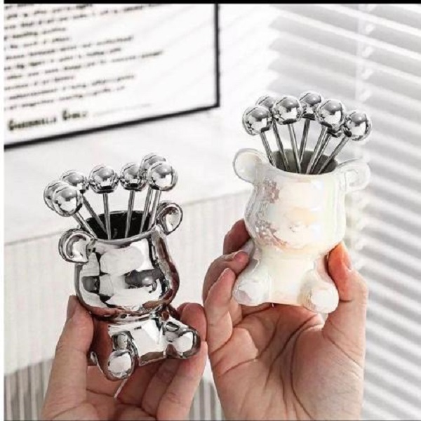[KoSuyTu] Set 6 Dĩa INOX Ăn Hoa Quả Kèm Ống Cắm Dĩa Hình Gấu - Gọn Gàng Tiện Dụng Và Cute
