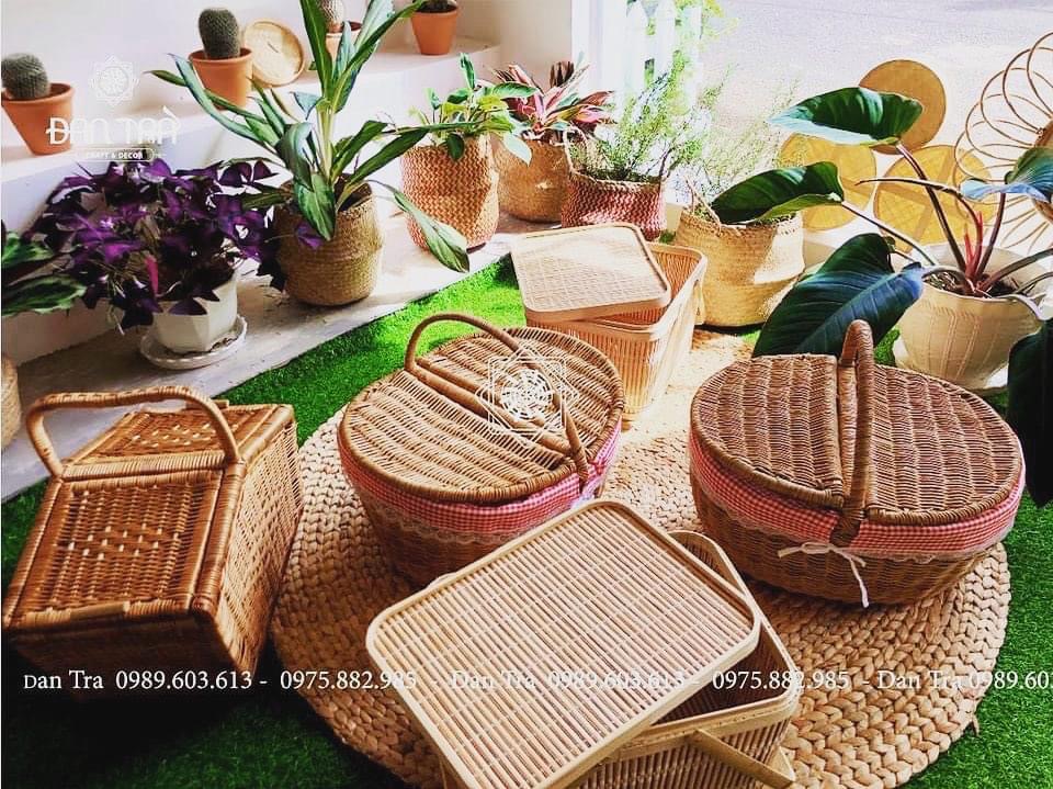 Giỏ Mây Picnic Khung Gỗ Đan Trà - Giỏ Mây Picnic Truyền Thống Đựng Bánh Mì- Giỏ Mây Decor Rẻ Đẹp- Mây Tre Đan Decor