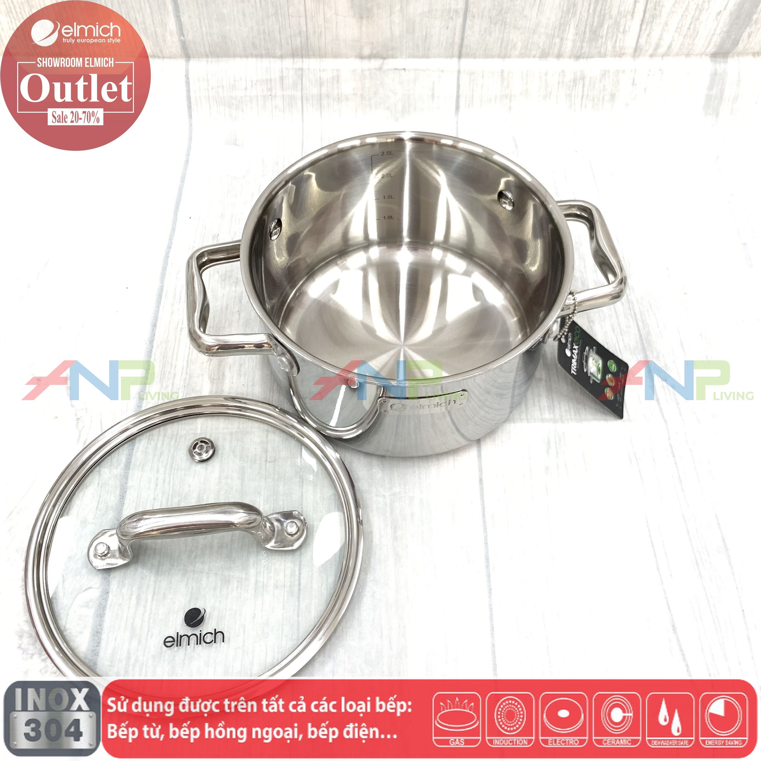 Bộ 4 Nồi Chảo Inox 304 Đáy Liền Khối Elmich Trimax ECO EL-8004 size 18, 20, 26, chảo 26cm