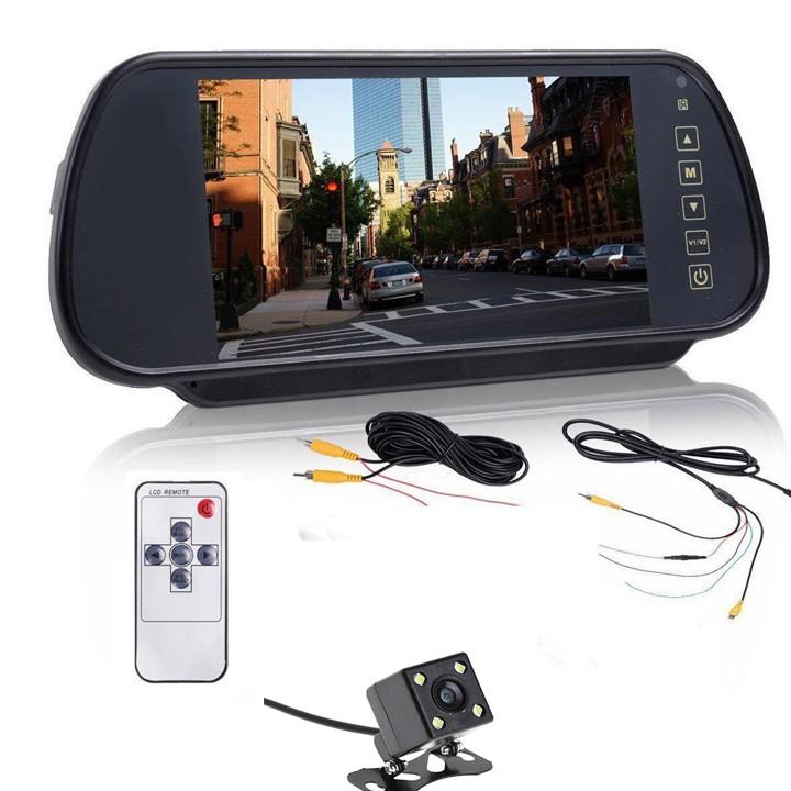 Combo Màn Hình LCD Ốp Gương Ô Tô HD 7 Inch Và Camera Lùi 4 Led Đen