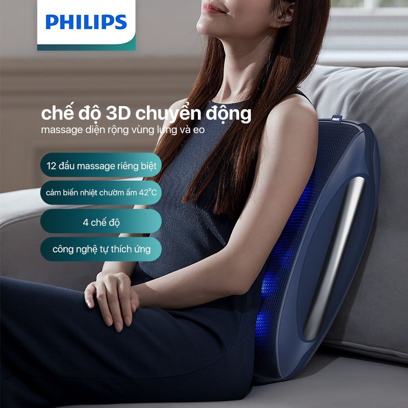 Máy Massage Lưng PHILIPS, 12 Đầu Massage Riêng Biệt, 4 Chế Độ, Cảm Biến Nhiệt Chườm Ấm, Thao Tác Đơn Giản 1 Nút Nhấn, Thiết Kế Công Thái Học, Chế Độ Massage 3D, Nhập Đức Bảo Hành 12 Tháng