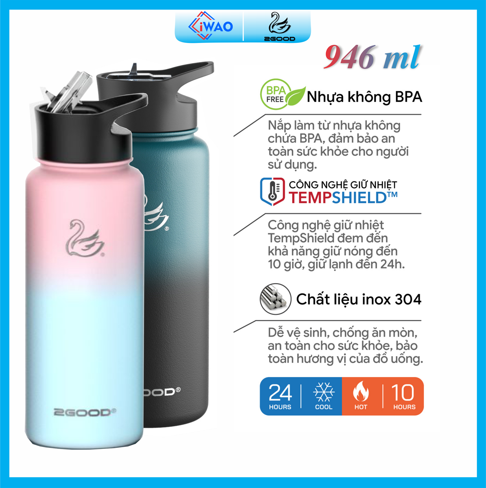 Bình giữ nhiệt 2GOOD Wide Mouth WM-02 946ml (Moonlight) Hàng Chính Hãng Siêu Đẹp