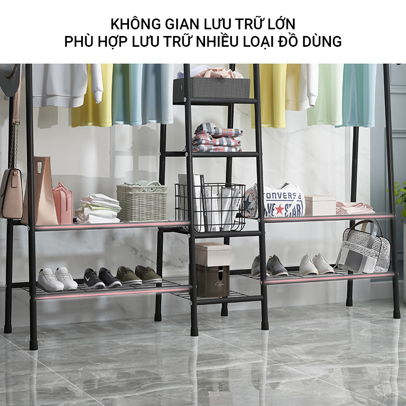 Giá treo quần áo 8 ngăn 2 thanh SIÊU CHƯA ĐỒ DOUBLE HANGER phong cách Hàn Quốc cao cấp cho cửa hàng VANDO, kệ giày kệ để đồ treo đồ tiện ích