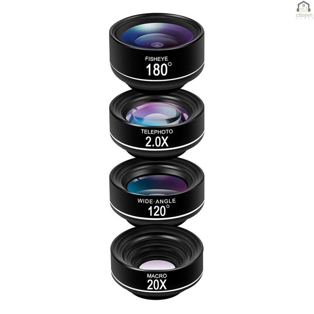 Bộ ống kính máy ảnh điện thoại 4 trong 1 180 Fisheye góc rộng 120x 2.0X kèm túi đựng bằng vải EVA