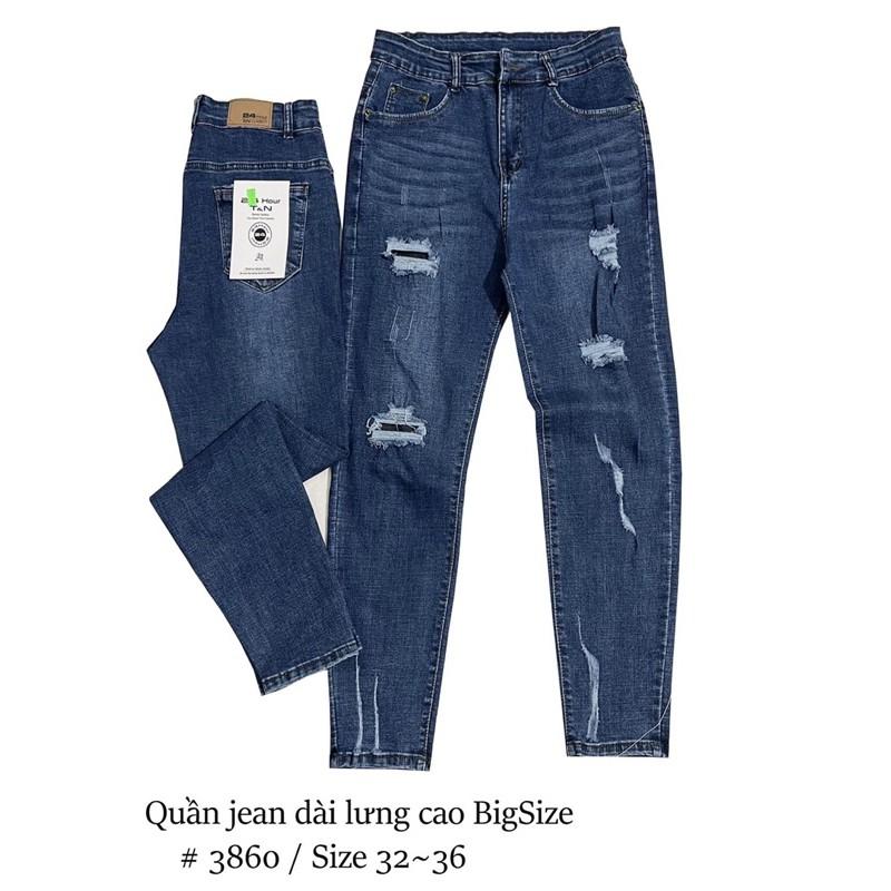 Quần jean dài skinny BIGSIZE lưng cao lai tua, vải co dãn mạnh 3057