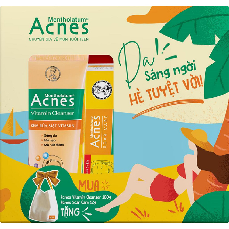 Bộ sản phẩm sáng thâm mờ sẹo Acnes (Kem rửa mặt Acnes Vitamin 100g + Gel mờ thâm sẹo Acnes 12g) + Tặng túi vải xinh xắn Acnes