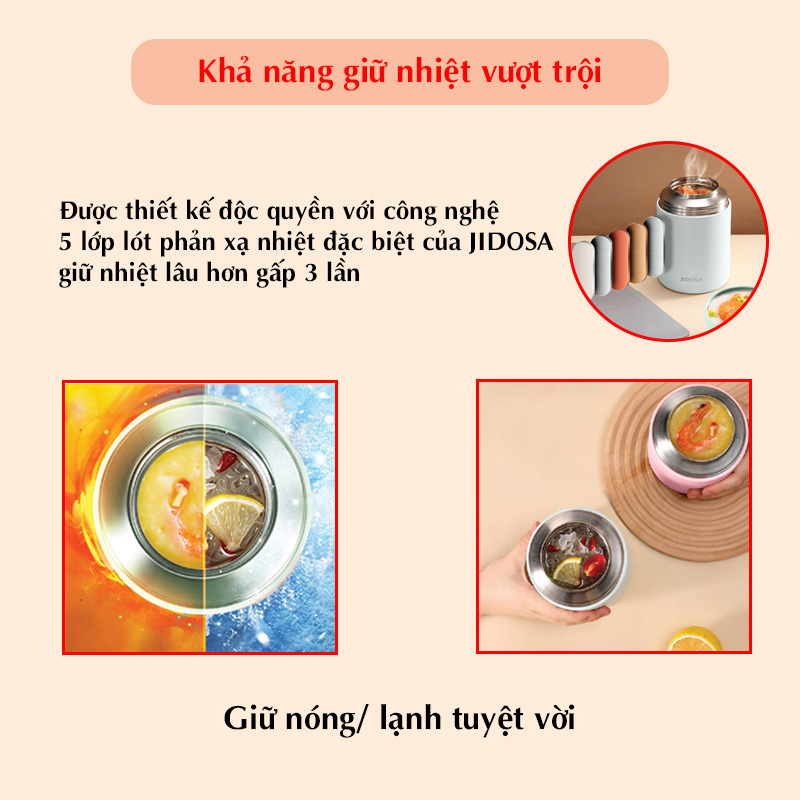 Bình Ủ Cháo Inox 316 JIDOSA JD3870 Hộp Giữ Nhiệt Lâu Dung Tích 850ml Tặng Kèm Muỗng Gấp Gọn Tiện Lợi