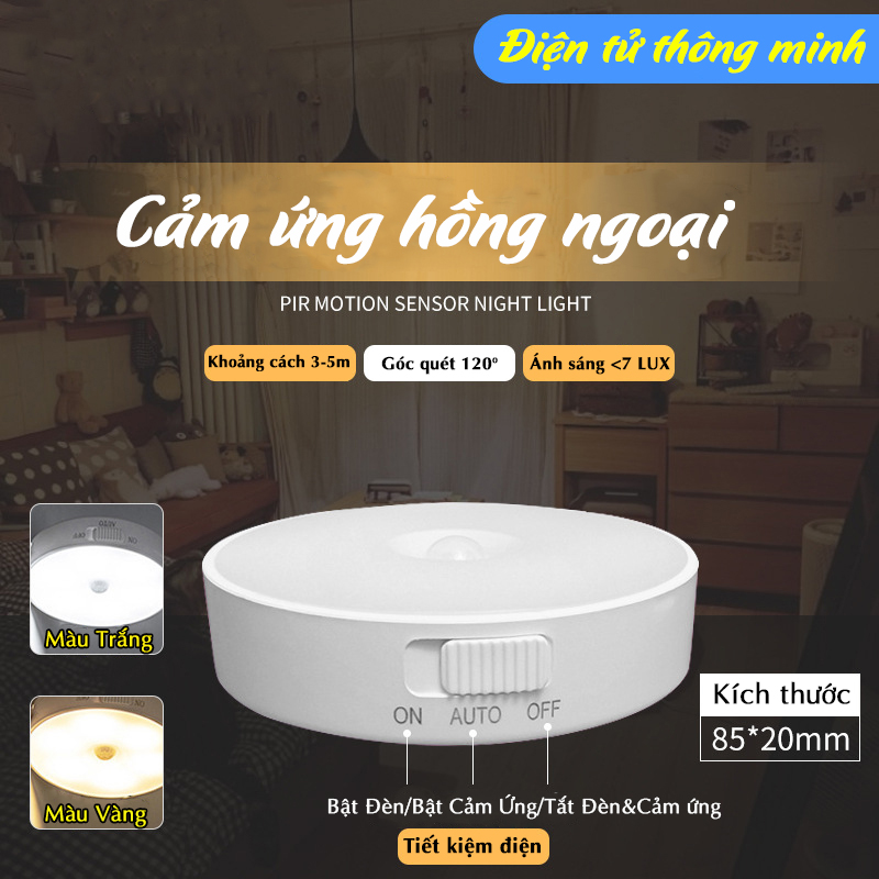 Đèn cảm biến chuyển động led hình tròn có pin sạc tự động phát sáng khi có người