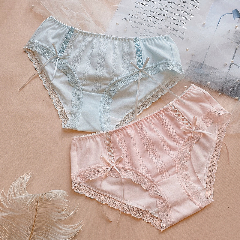 Quần Lót Cotton Nữ Phong Cách Nhật Bản Màu Kẹo Ngọt Viền Ren Đính Nơ P191