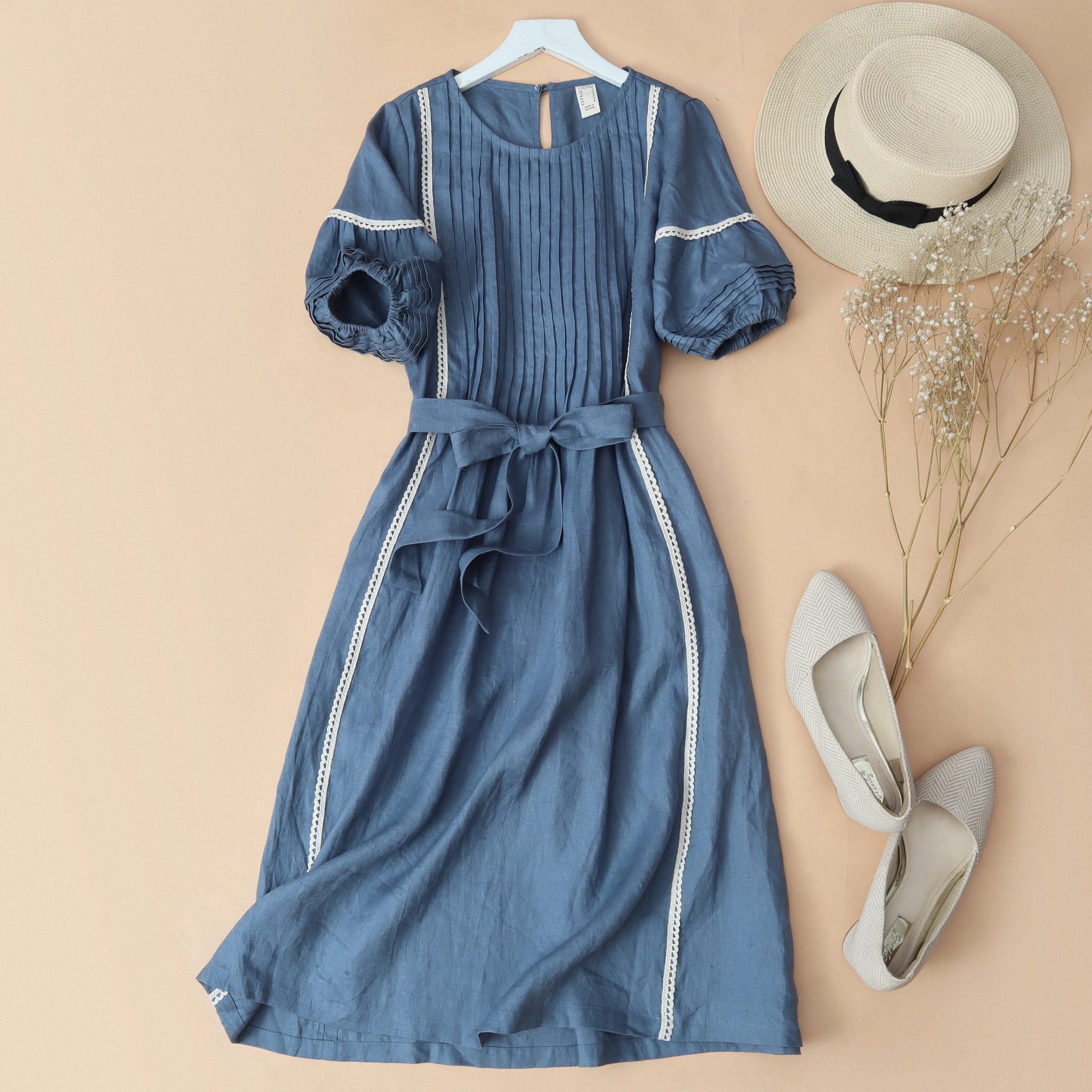 Đầm Linen tưng KACHISA xếp li màu xanh đá