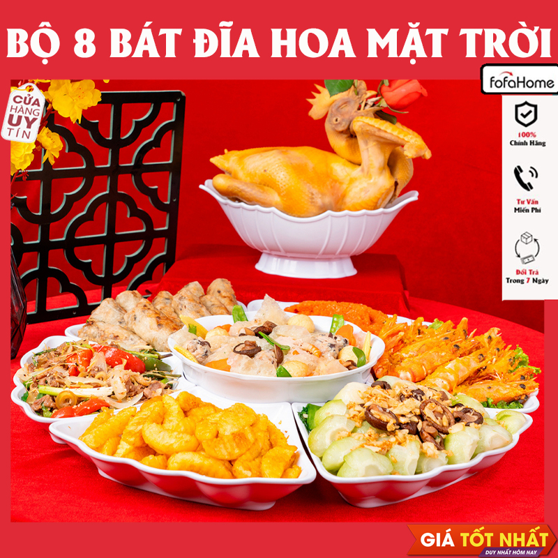 Bộ Bát Đĩa Hoa Mặt Trời Bày Cỗ, Bộ Bát Đĩa Cúng Gia Tiên Nhựa Giao Hoạ Tiết Ngẫu Nhiên