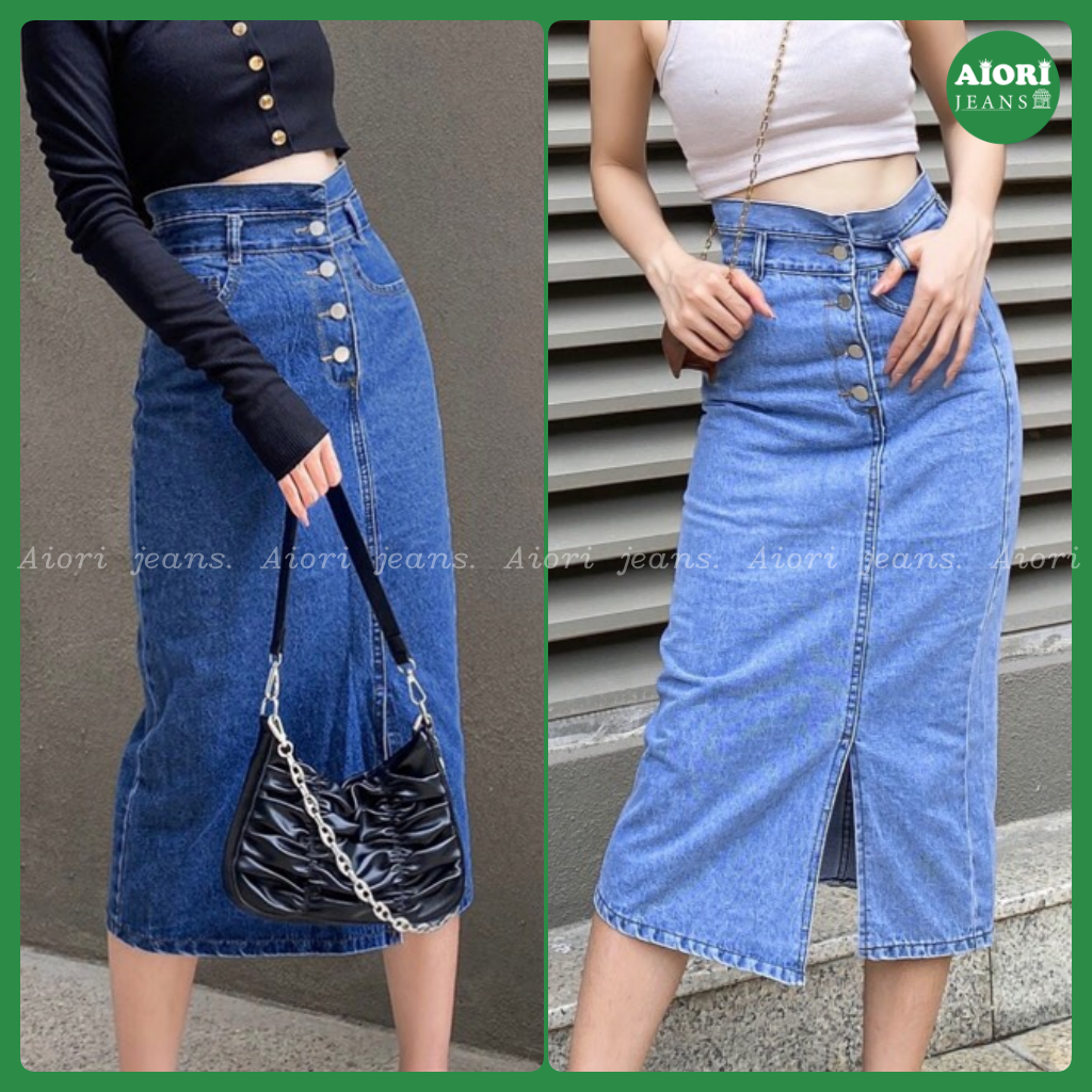 Chân Váy Jeans Aiori Denim Chữ A Lưng Cao Ôm Dáng Xinh Xắn Lưng Kiểu 4 Nút Theo Phong Cách Hàn Quốc_Mã V002 - Xanh Đậm