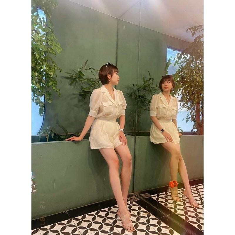 Set quần Short + Áo Sơ mi cổ vest Qc đi chơi đi học đi làm