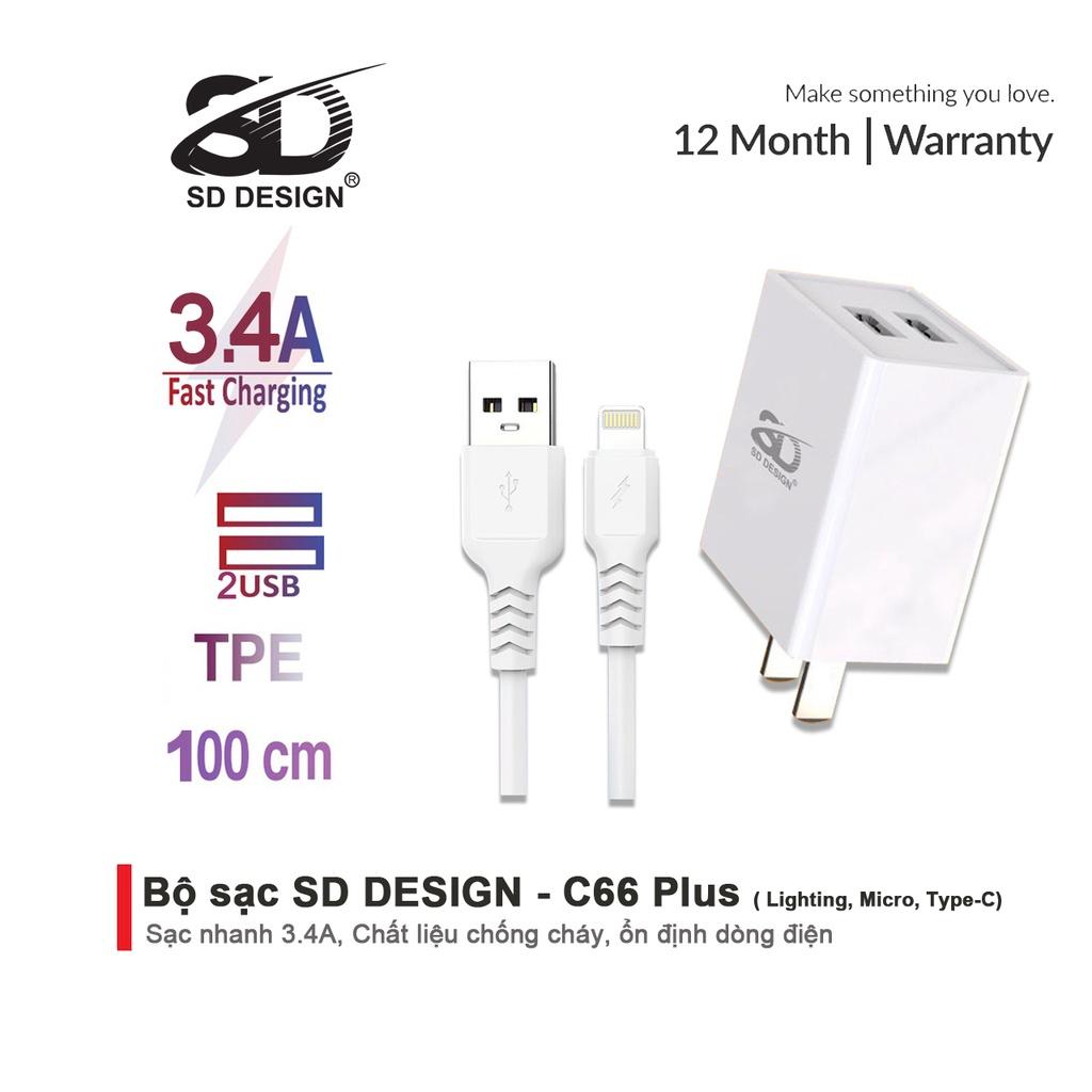 Bộ Củ + Cáp 2 Cổng sạc Usb C66 Plus  SD DESIGN sạc nhanh an toàn cho điện thoại ip, ss, op, mi