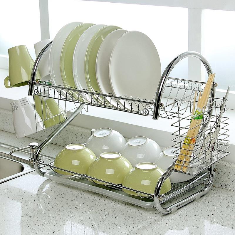 Kệ giá úp bát và đĩa 2 tầng di động chất liệu inox có khay hứng nước