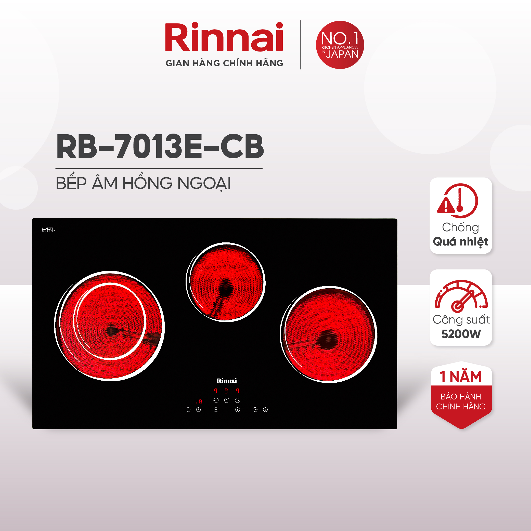 Bếp hồng ngoại Rinnai RB-7013E-CB mặt kính Schott 5200W - Hàng chính hãng.