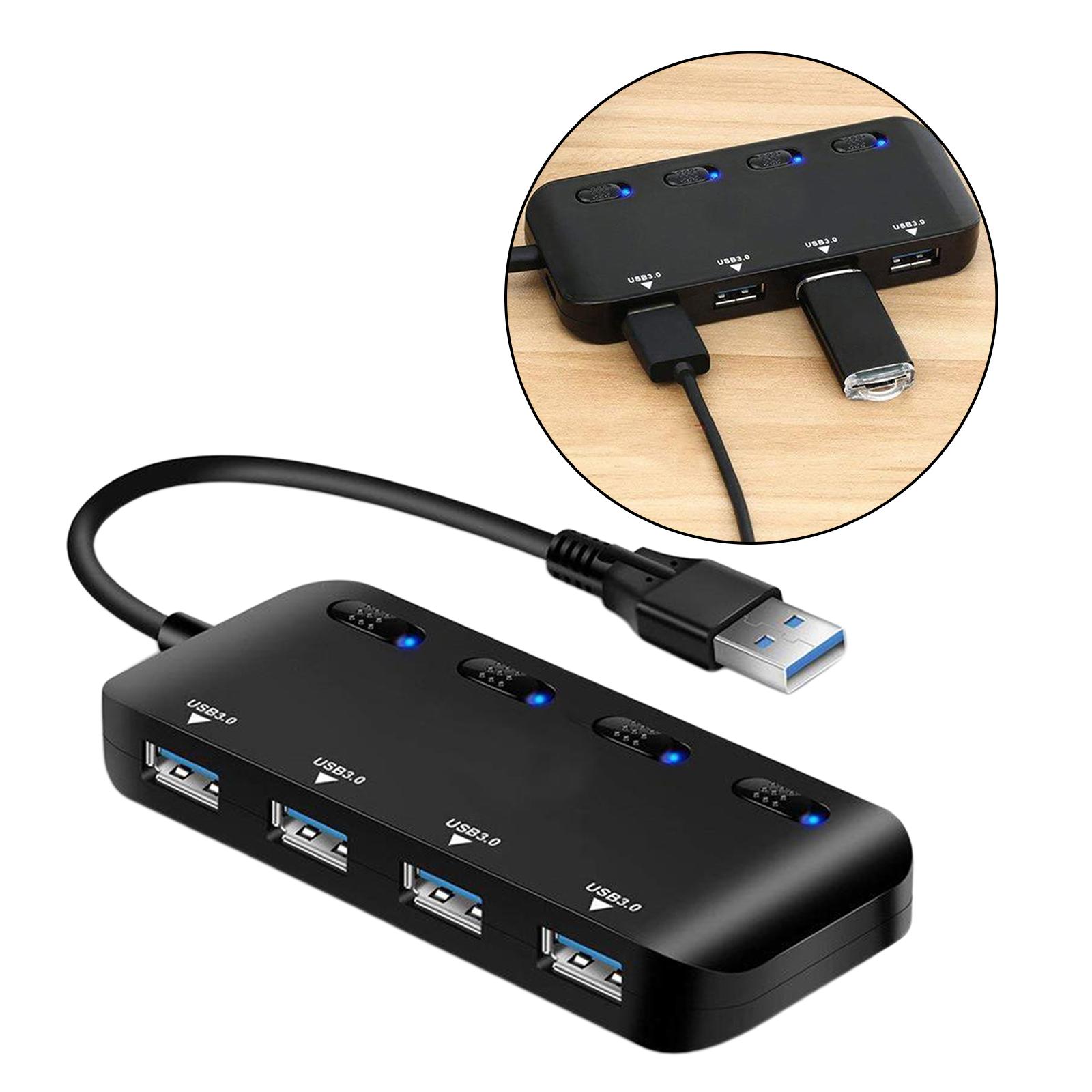 Powered USB 3.0 Hub, 4 Port USB Hub Splitter Portable USB Data Hub Expander with Individual on/Off Switch, USB 3.0 Cable