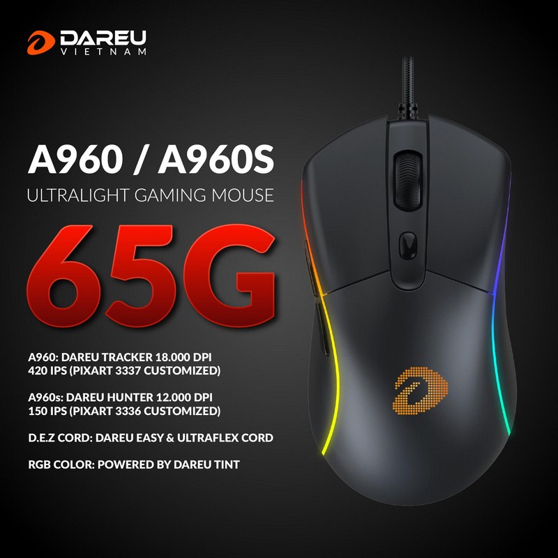 Chuột Gaming DAREU A960S Hồng / Trắng / Đen - ULTRALIGHT (PixArt PMW3389, DPI 16000) Hàng Chính Hãng