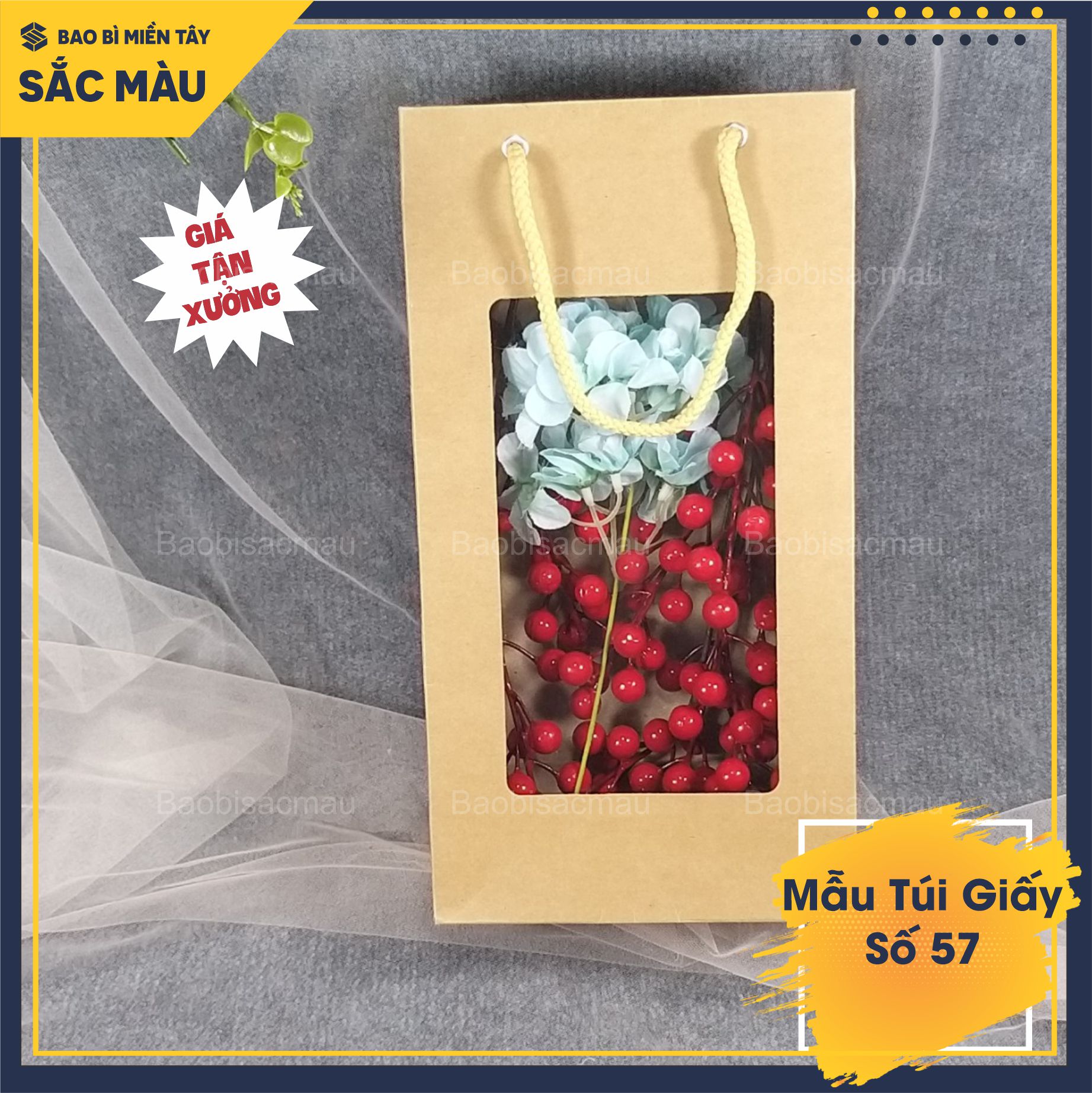 5 Túi giấy mặt kiếng đựng quà biếu tặng, trái cây, chai mật ong, mật nho, hoa sáp, đồ thực phẩm...Túi giấy số 56 - 57